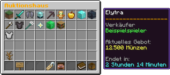 Auktionshaus-Übersicht mit Kategorien, Angeboten und Tooltip eines Angebots