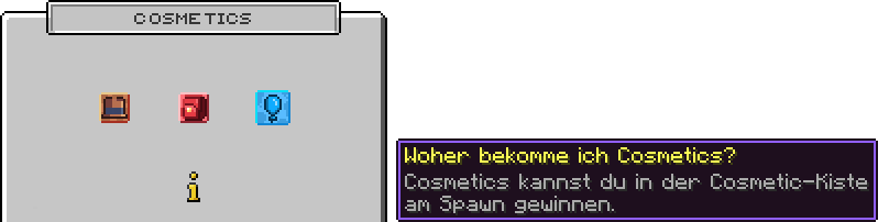Cosmetics-Hauptmenü mit Kopf-, Rücken- und Ballon-Cosmetics und Info-Symbol