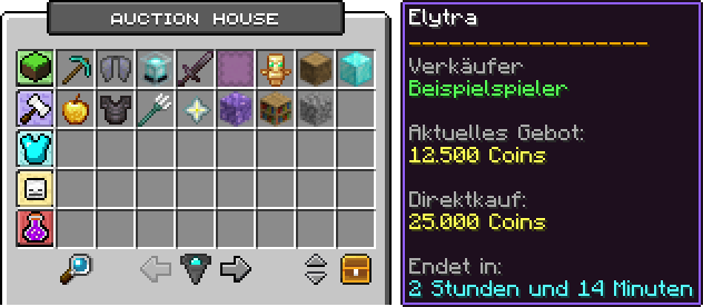 Auktionshaus-Übersicht mit Kategorien links, Angeboten und Tooltip eines Angebots