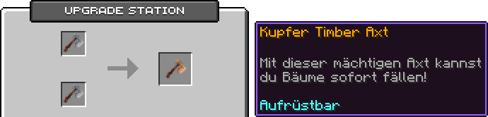 Upgrade-Station mit zwei Timber-Äxten links und der Kupfer Timber Axt rechts