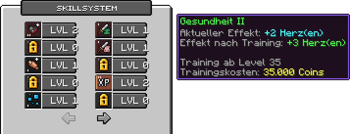 Skill-Menü mit zehn Skills, Stufenanzeige LVL und Tooltip zu Gesundheit II