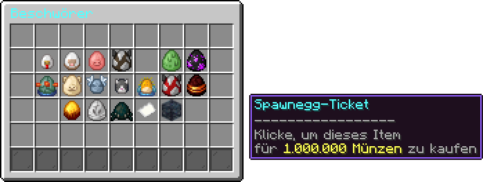Beschwörer-Menü mit Spawneiern, Spawnegg-Ticket und Spawner