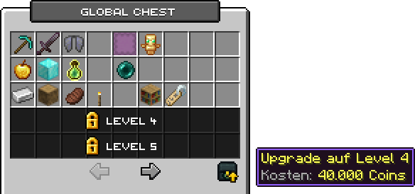 Endertruhe mit drei freien Reihen, zwei gesperrten Reihen Level 4 und 5 und Upgrade-Knopf