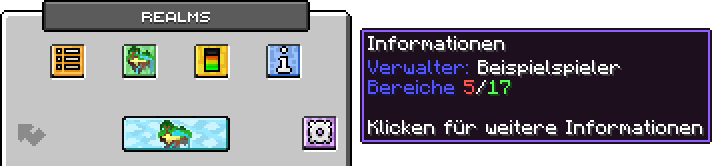 Realm-Menü mit vier Knöpfen oben, Teleport-Feld und Zahnrad unten