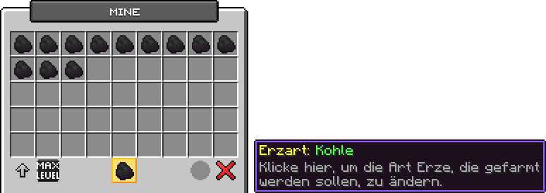 Inventar einer Mine mit Kohle im Lager und vier Knöpfen unten