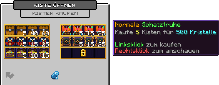 Menü Kisten kaufen: je Kiste vier Mengen nebeneinander, Tooltip Kaufe 5 Kisten für 500 Kristalle