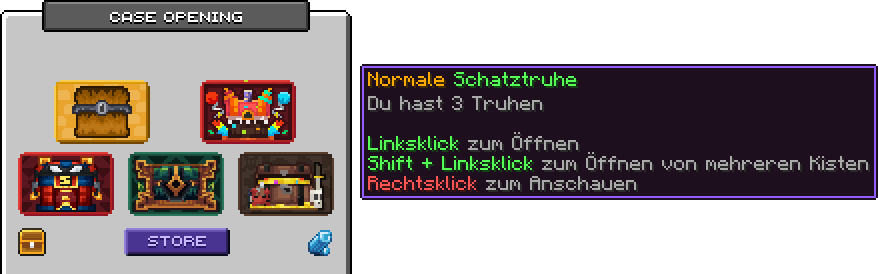 Kistenmenü mit fünf großen Kisten-Bildern, unten Meine Kisten, Store und Kristall-Anzeige; Tooltip der Normalen Schatztruhe