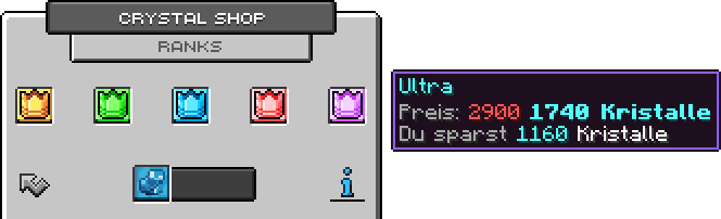 Kristall-Shop in Realms, Ränge Premium bis Supreme, Tooltip von Ultra mit Rabatt