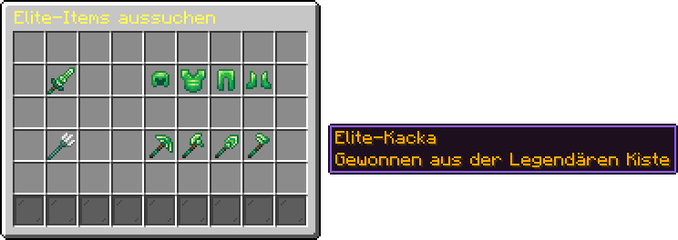 Menü Elite-Items aussuchen mit Schwert, vier Rüstungsteilen, Dreizack, Spitzhacke, Axt, Schaufel und Hacke