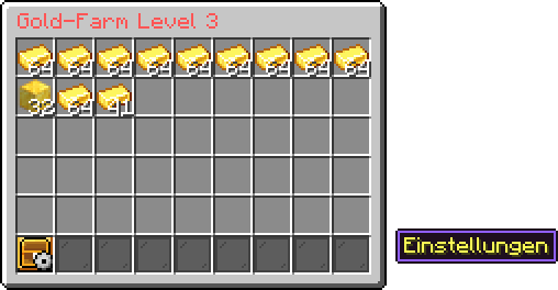 Lager einer Gold-Farm mit Goldbarren und Goldblöcken, unten links der Einstellungen-Knopf