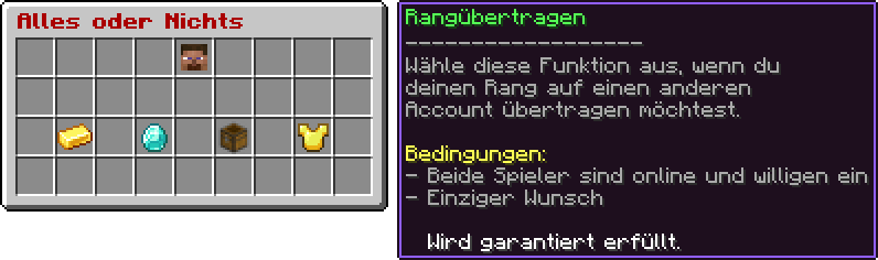 Menü Alles oder Nichts mit Kopf Aktueller Wunsch, Münzen, Kristalle, Perks und Rangübertragen; Tooltip zur Rangübertragung