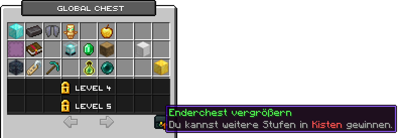 Endertruhe mit drei gefüllten Reihen, zwei gesperrten Reihen Level 4 und Level 5 und dem Knopf Enderchest vergrößern