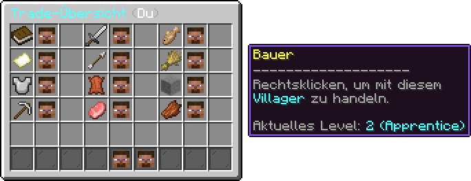 Trade-Übersicht mit Berufs-Symbolen und Villager-Köpfen, Tooltip mit aktuellem Level