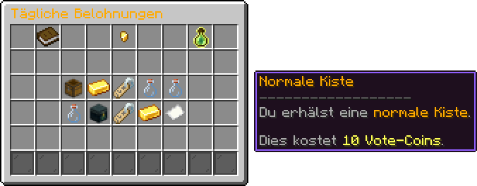 Menü Tägliche Belohnungen mit Erklärung, Vote-Coins und Streak oben und zehn Belohnungen in zwei Reihen; Tooltip Normale Kiste für 10 Vote-Coins