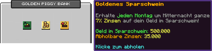 Menü des Goldenen Sparschweins mit Einzahlen links, Info in der Mitte und Abheben rechts