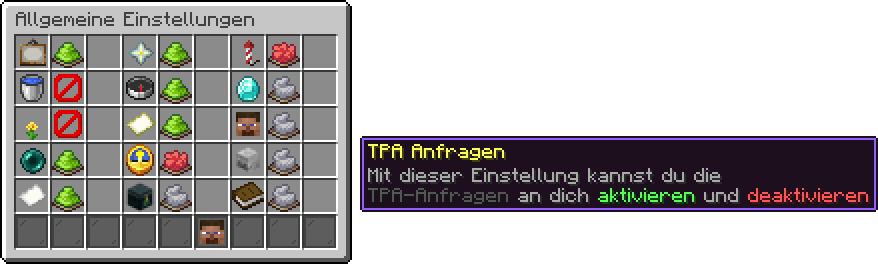 Menü Allgemeine Einstellungen mit Einstellungen links und grünen, roten und grauen Farbstoff-Knöpfen rechts daneben