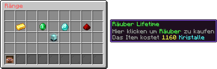 Kristall-Shop in CityBuild, Untermenü Ränge mit Goldbarren, Smaragd, Diamant, Redstone und Leuchtfeuer