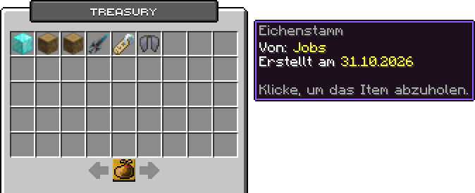 Menü Treasury mit sechs Items oben, Tooltip eines Eichenstamms von Jobs und dem Knopf Alles abholen unten