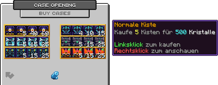 Menü Kisten kaufen: je Kiste eine Reihe mit vier Mengen, Tooltip Kaufe 5 Kisten für 500 Kristalle